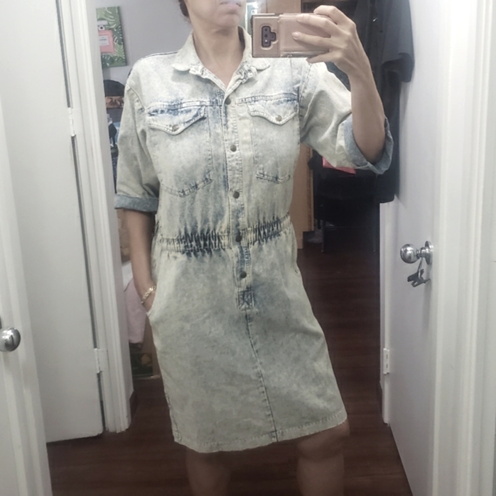 Vtg 80s Ideas Acid Washed Trucker style Denim Shirt dress L
